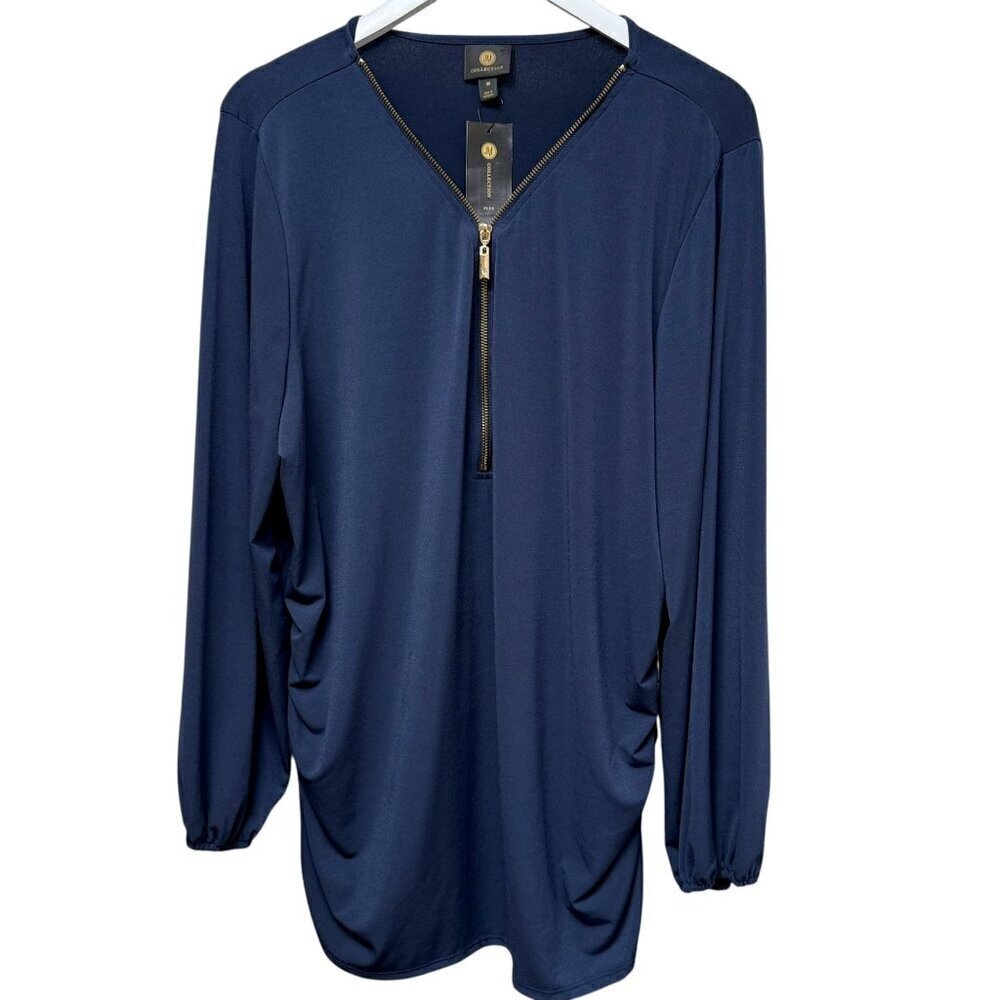 JM Collection Womens Top Plus Size 3X  Blue Ruched Stretch Tunic Zipper Neck NWT
